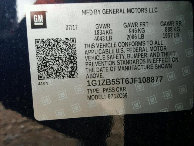 1G1ZB5ST6JF108877 - 2018 CHEVROLET MALIBU LS ლურჯი ფოტო 10