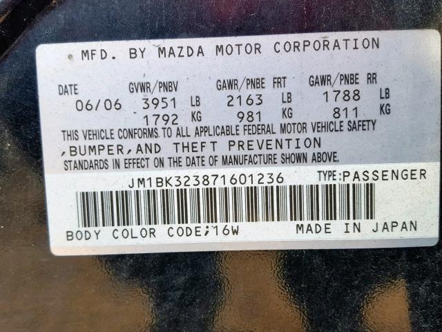 JM1BK323871601236 - 2007 MAZDA 3 S BLACK photo 10