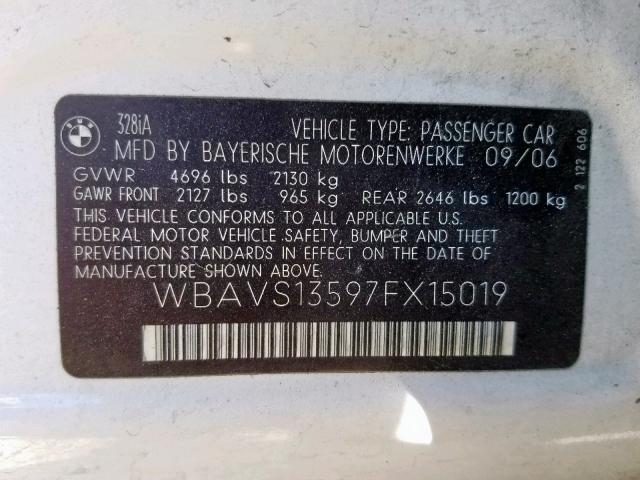 WBAVS13597FX15019 - 2007 BMW 328 IT WHITE photo 10