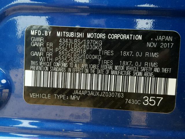 JA4AP3AUXJZ030763 - 2018 MITSUBISHI OUTLANDER BLUE photo 10