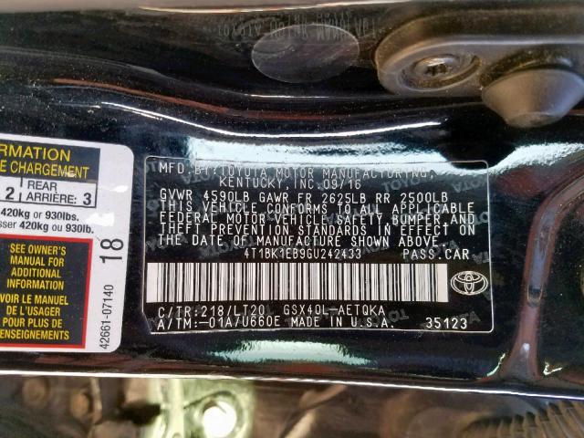 4T1BK1EB9GU242433 - 2016 TOYOTA AVALON XLE BLACK photo 10