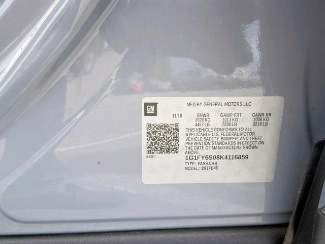 1G1FY6S08K4116859 - 2019 CHEVROLET BOLT EV LT GRAY photo 10