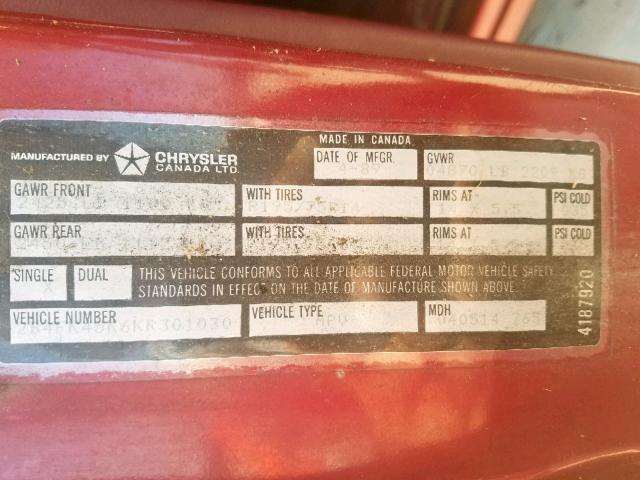 2B4FK45K6KR301030 - 1989 DODGE CARAVAN SE MAROON photo 10