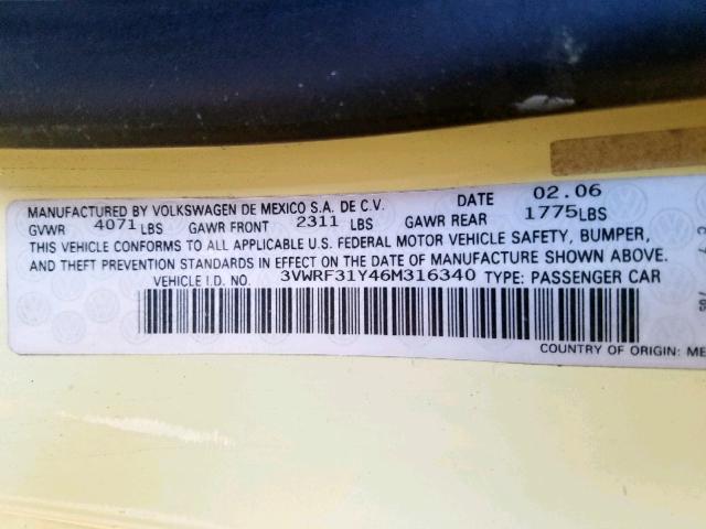 3VWRF31Y46M316340 - 2006 VOLKSWAGEN NEW BEETLE 黄色 照片 10