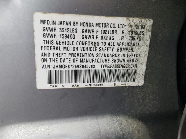 JHMGE87269S040783 - 2009 HONDA FIT SILVER photo 10