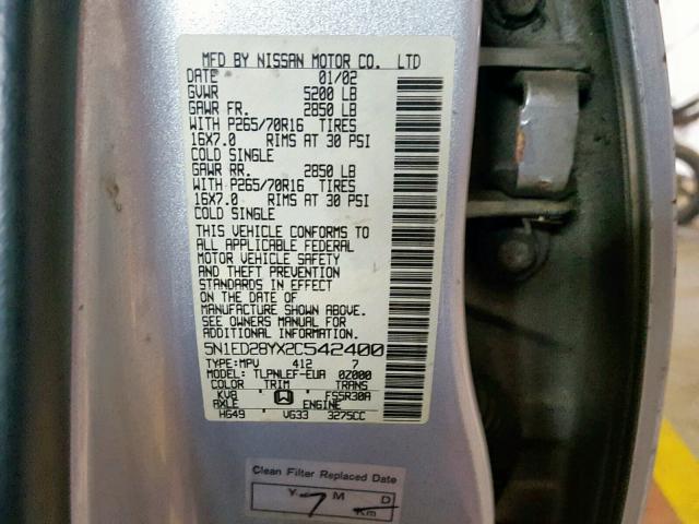 5N1ED28YX2C542400 - 2002 NISSAN XTERRA XE SILVER photo 10