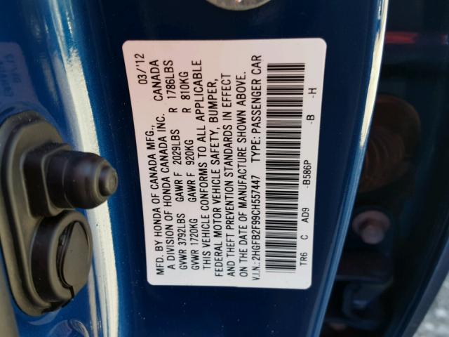 2HGFB2F99CH557447 - 2012 HONDA CIVIC EXL BLUE photo 10