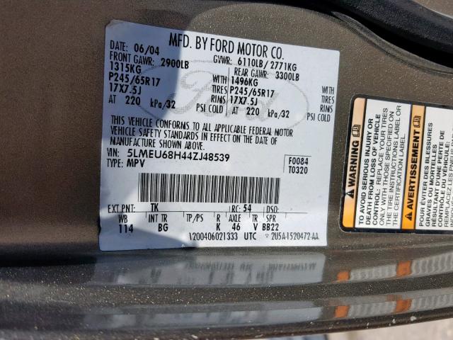 5LMEU68H44ZJ48539 - 2004 LINCOLN AVIATOR ნაცრისფერი ფოტო 10
