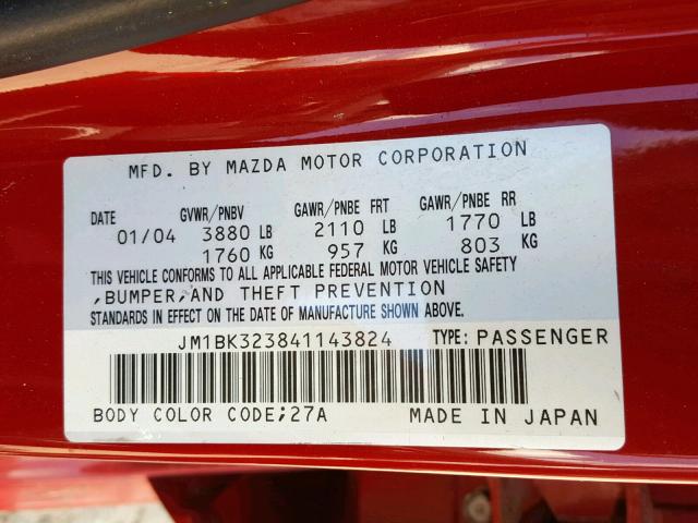 JM1BK323841143824 - 2004 MAZDA 3 S RED photo 10