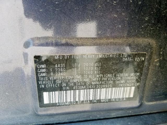 4S3BMCD6XE3028925 - 2014 SUBARU LEGACY 2.5 GRAY photo 10