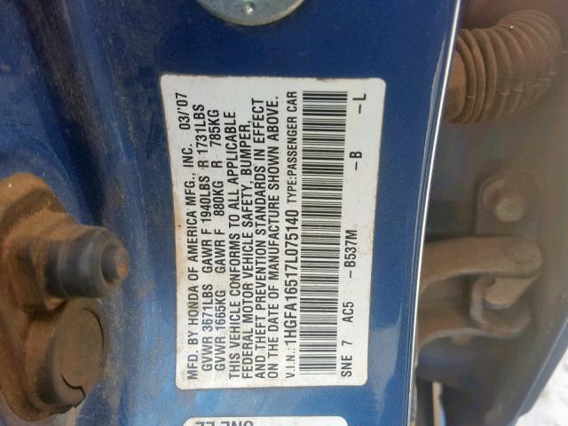 1HGFA16517L075140 - 2007 HONDA CIVIC LX BLUE photo 10