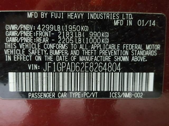 JF1GPAD62E8264804 - 2014 SUBARU IMPREZA PR RED photo 10