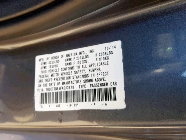 1HGCT1B88FA003679 - 2015 HONDA ACCORD EXL GRAY photo 10