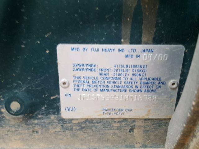 JF1SF65521H716728 - 2001 SUBARU FORESTER S GREEN photo 10