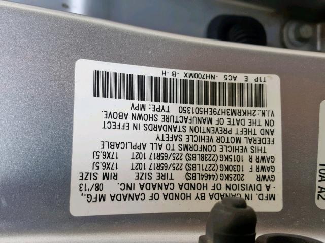 2HKRM3H79EH501350 - 2014 HONDA CR-V EXL GRAY photo 10