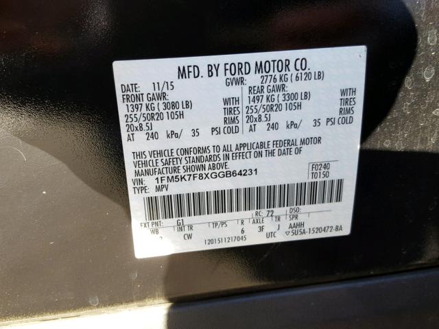 1FM5K7F8XGGB64231 - 2016 FORD EXPLORER L BLACK photo 10