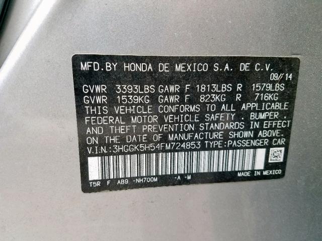 3HGGK5H54FM724853 - 2015 HONDA FIT LX SILVER photo 10