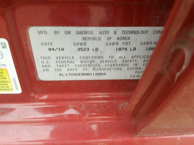 KL1TD5DE8AB119903 - 2010 CHEVROLET AVEO LS RED photo 10