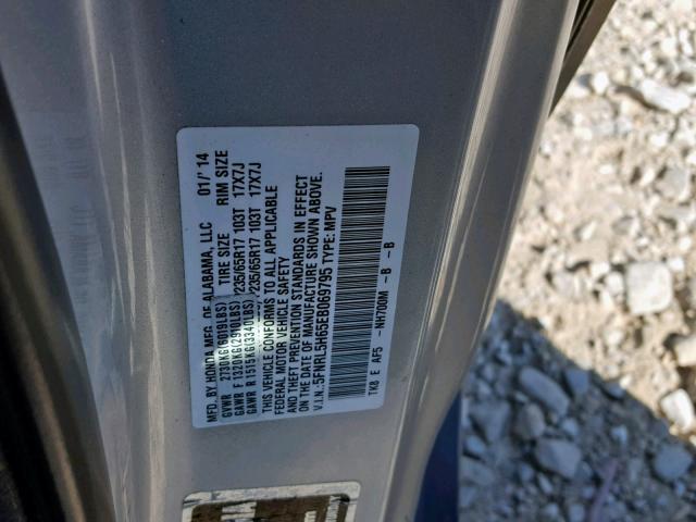 5FNRL5H65EB069795 - 2014 HONDA ODYSSEY EX SILVER photo 10