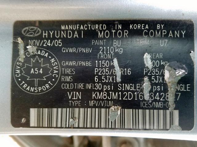 KM8JM12D16U342827 - 2006 HYUNDAI TUCSON GL BLUE photo 10