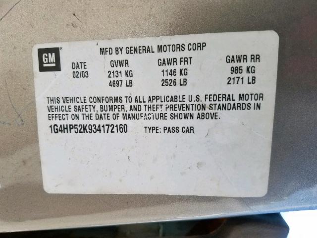 1G4HP52K934172160 - 2003 BUICK LESABRE CU BEIGE photo 10