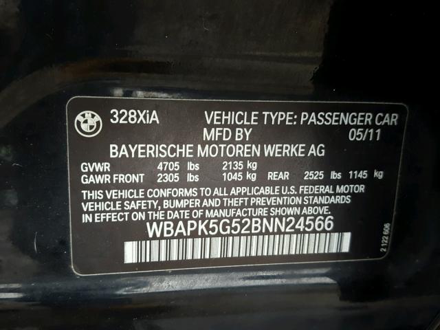 WBAPK5G52BNN24566 - 2011 BMW 328 XI SUL BLACK photo 10