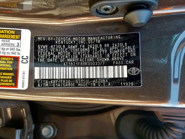 4T1BZ1FBXKU003377 - 2019 TOYOTA AVALON XLE BROWN photo 10