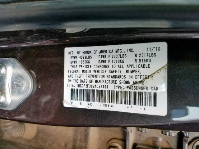 1HGCP2F39BA057494 - 2011 HONDA ACCORD LX CHARCOAL photo 10