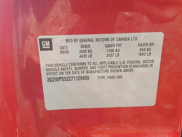 2G2WP552271129499 - 2007 PONTIAC GRAND PRIX RED photo 10