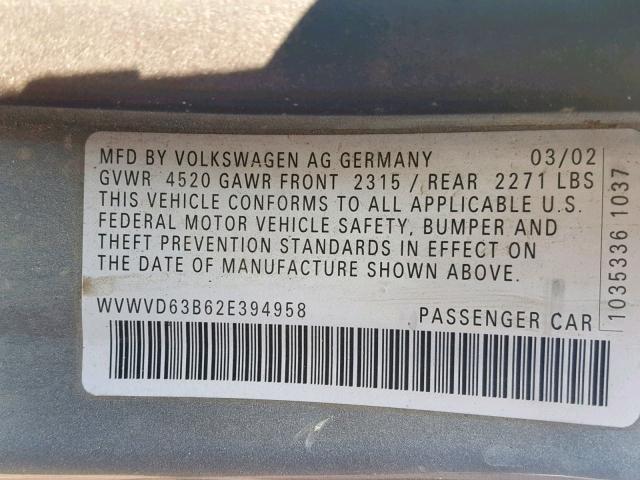 WVWVD63B62E394958 - 2002 VOLKSWAGEN PASSAT GLS GRAY photo 10