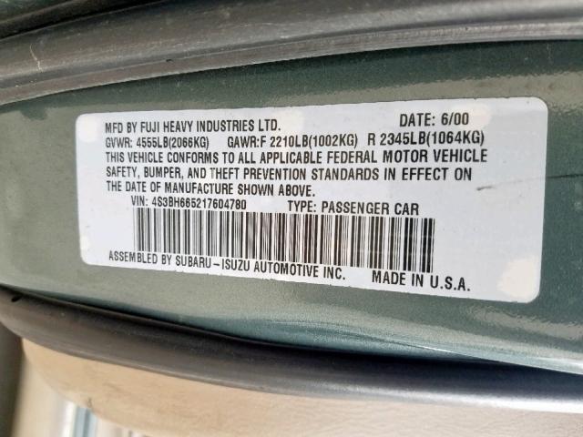 4S3BH665217604780 - 2001 SUBARU LEGACY OUT GREEN photo 10