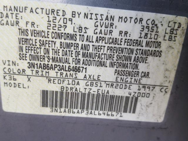 3N1AB6AP3AL646671 - 2010 NISSAN SENTRA 2.0 GRAY photo 10