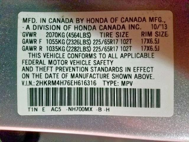 2HKRM4H76EH616316 - 2014 HONDA CR-V EXL GRAY photo 10