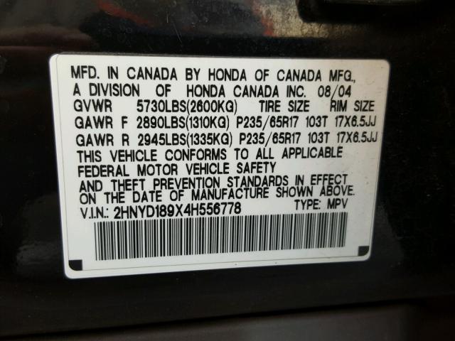 2HNYD189X4H556778 - 2004 ACURA MDX TOURIN BLACK photo 10