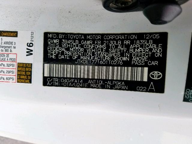 JTKDE177160110276 - 2006 TOYOTA SCION TC თეთრი ფოტო 10