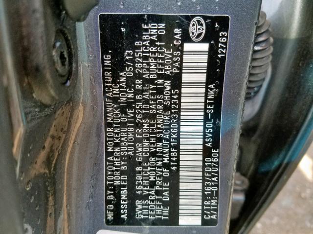 4T4BF1FK6DR312345 - 2013 TOYOTA CAMRY L GRAY photo 10