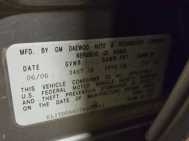 KL1TD56607B051384 - 2007 CHEVROLET AVEO BASE Сұр фото 10