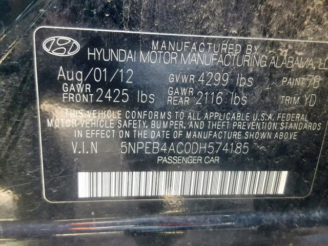 5NPEB4AC0DH574185 - 2013 HYUNDAI SONATA GLS BLACK photo 10