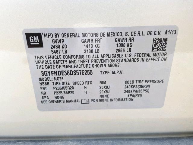 3GYFNDE38DS576255 - 2013 CADILLAC SRX PERFOR GOLD photo 10