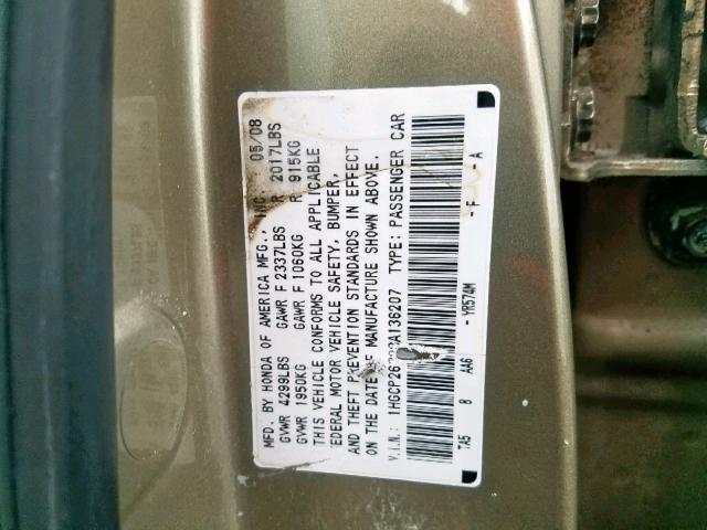 1HGCP26328A136207 - 2008 HONDA ACCORD LX GOLD photo 10