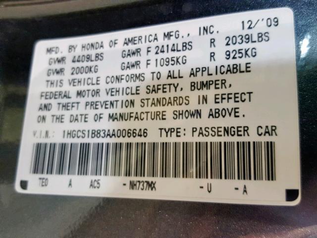 1HGCS1B83AA006646 - 2010 HONDA ACCORD EXL GRAY photo 10