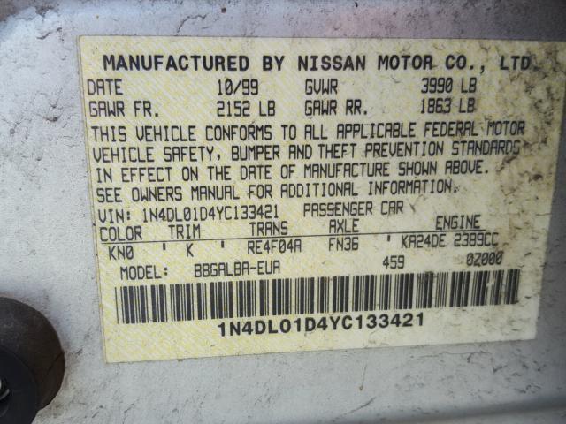 1N4DL01D4YC133421 - 2000 NISSAN ALTIMA XE SILVER photo 10