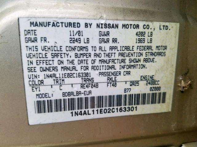 1N4AL11E02C163301 - 2002 NISSAN ALTIMA BAS GOLD photo 10