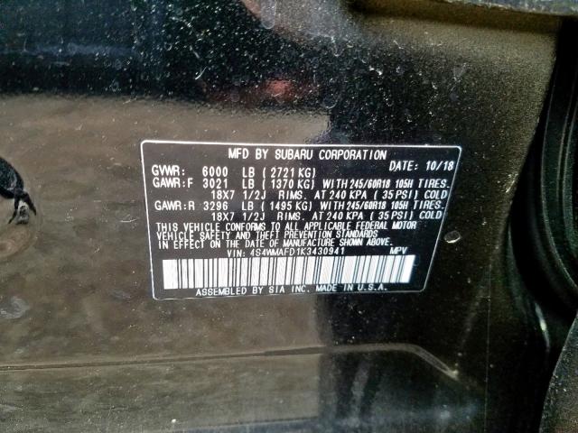 4S4WMAFD1K3430941 - 2019 SUBARU ASCENT PRE BLACK photo 10