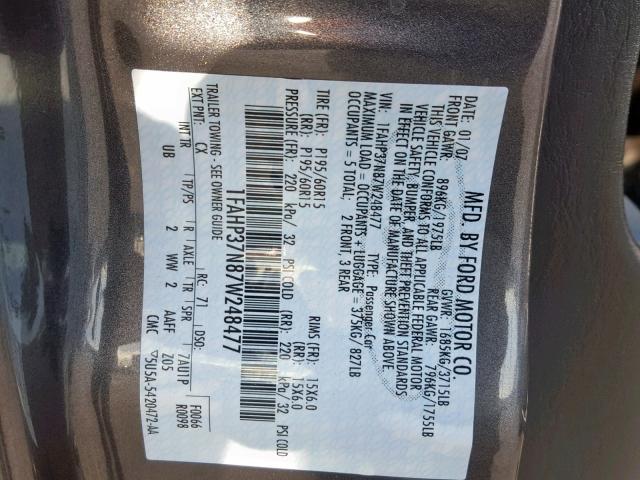 1FAHP37N87W248477 - 2007 FORD FOCUS ZX5 CHARCOAL photo 10