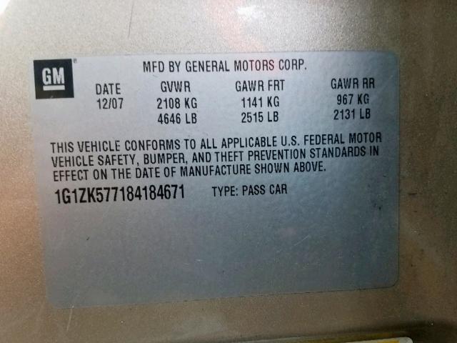 1G1ZK577184184671 - 2008 CHEVROLET MALIBU LTZ თაფლისფერი ფოტო 10