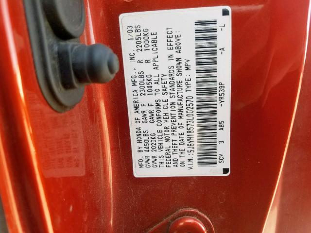 5J6YH18573L002570 - 2003 HONDA ELEMENT EX ORANGE photo 10