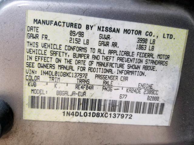 1N4DL01D8XC137972 - 1999 NISSAN ALTIMA XE SILVER photo 10