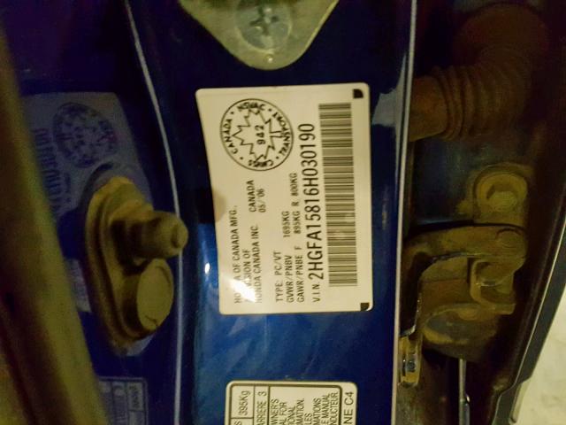 2HGFA15816H030190 - 2006 HONDA CIVIC EX BLUE photo 10