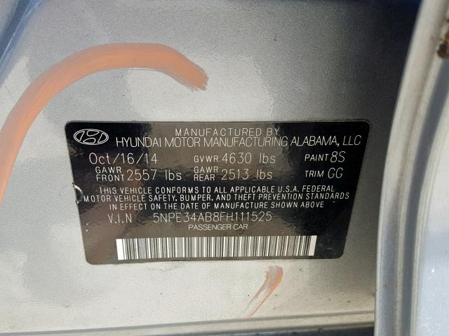 5NPE34AB8FH111525 - 2015 HYUNDAI SONATA SPO GRAY photo 10